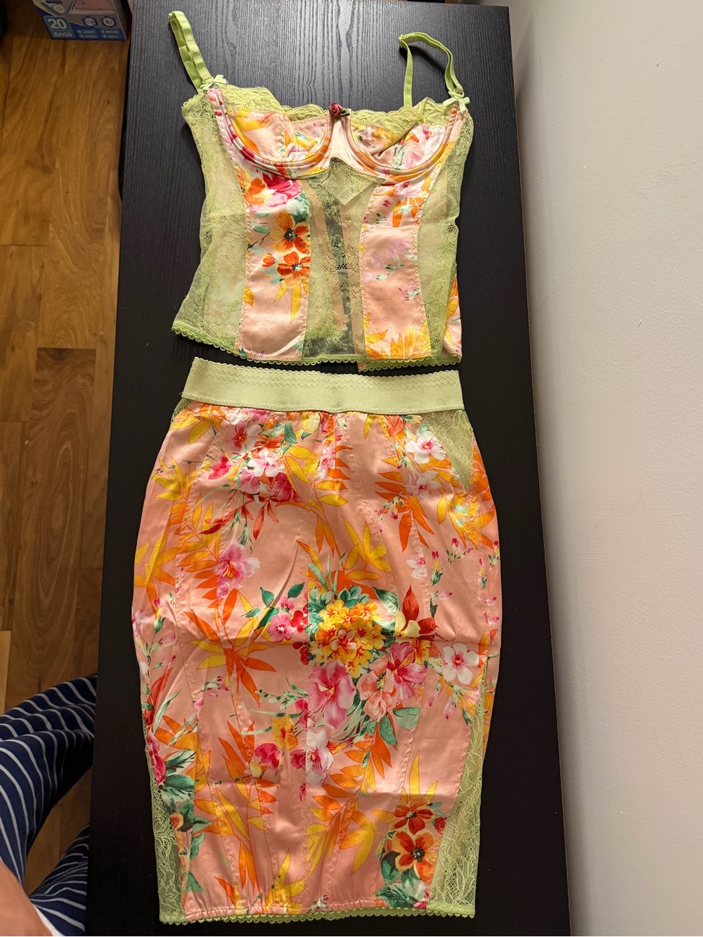 D&G SS2005 Pink Floral Satin Bustier and Skirt Set with Lime Trim